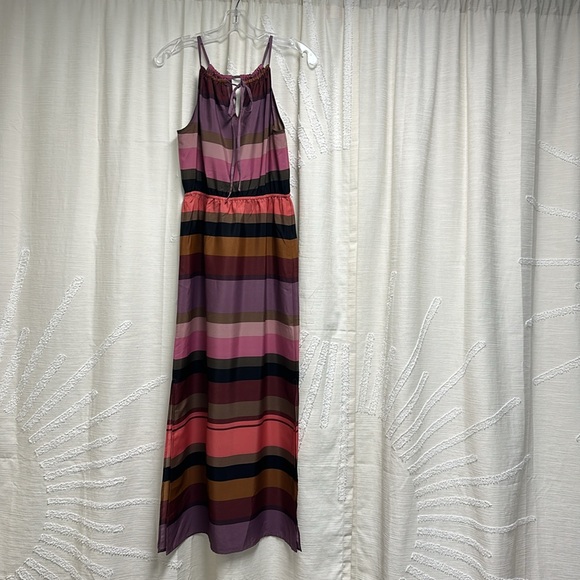 Loft size SP Multi Stripe Keyhole Neck Poly Maxi Dress side slits cinched waist - Picture 2 of 2